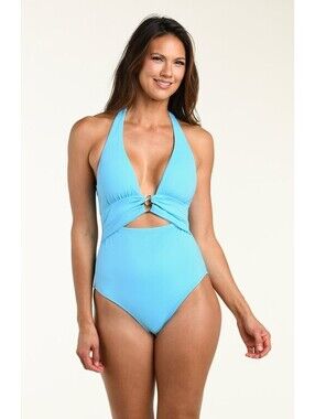 LA BLANCA Island Goddess Plunge One Piece - Sky $149.00 Swimsuit Women’s Size 16